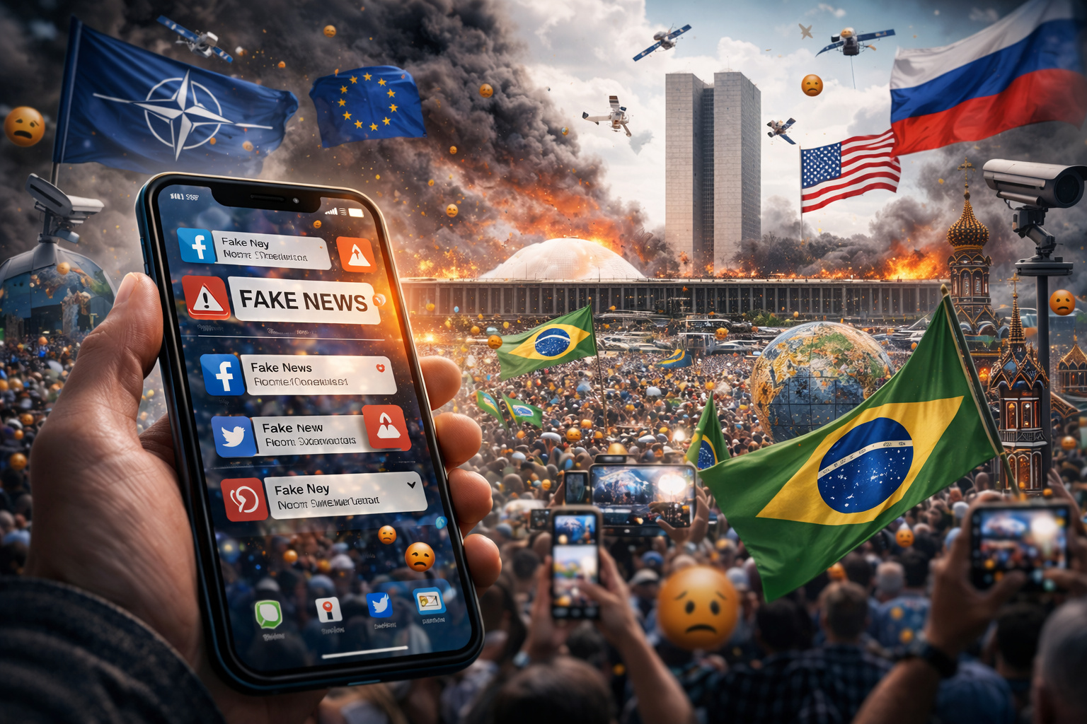 The illustrative scene shows the Brazilian National Congress surrounded by smoke, social media displaying fake news, and global geopolitical symbols in the background.