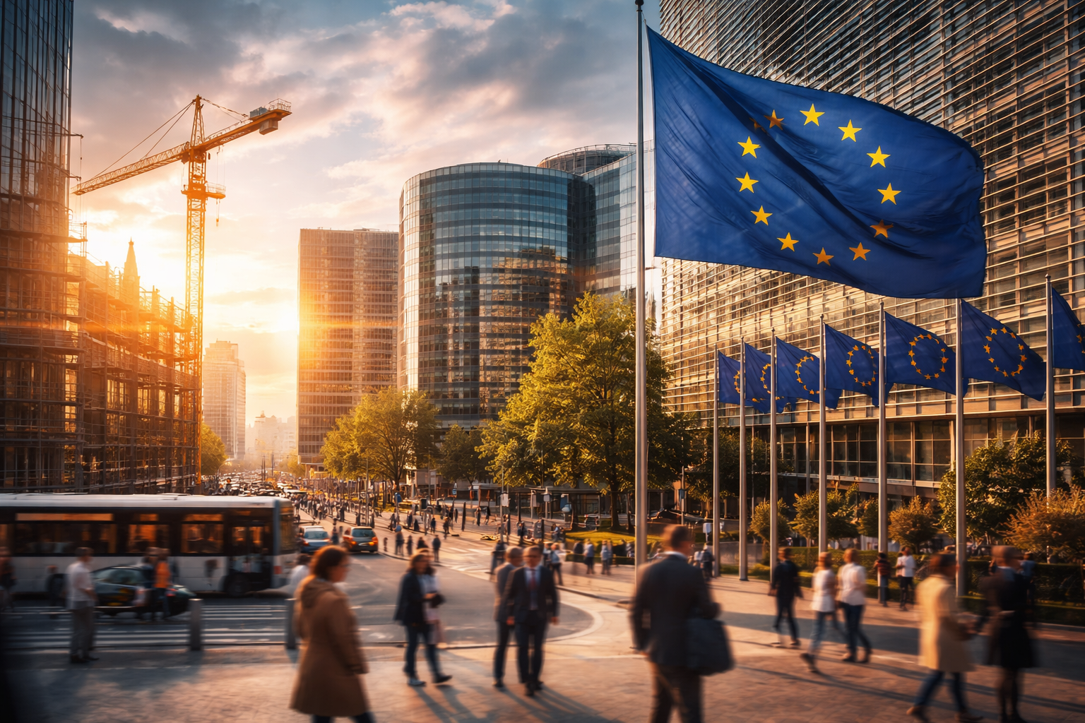 European Union flags outside EU headquarters in Brussels at sunset with modern office buildings, construction cranes, and pedestrians in the foreground