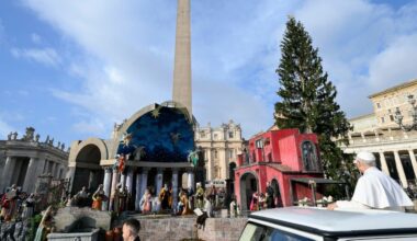 Pope Leo passes the Nativity Scene in his Popemobile during Wednesday's General Audience. Credit: Vatican Media