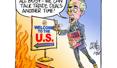 An editorial cartoon depicting Canadian Prime Minister Mark Carney, standing at a red line representing the Canada U.S. border, flames visible on the U.S. side of the border, and Carney is saying, "I can see you