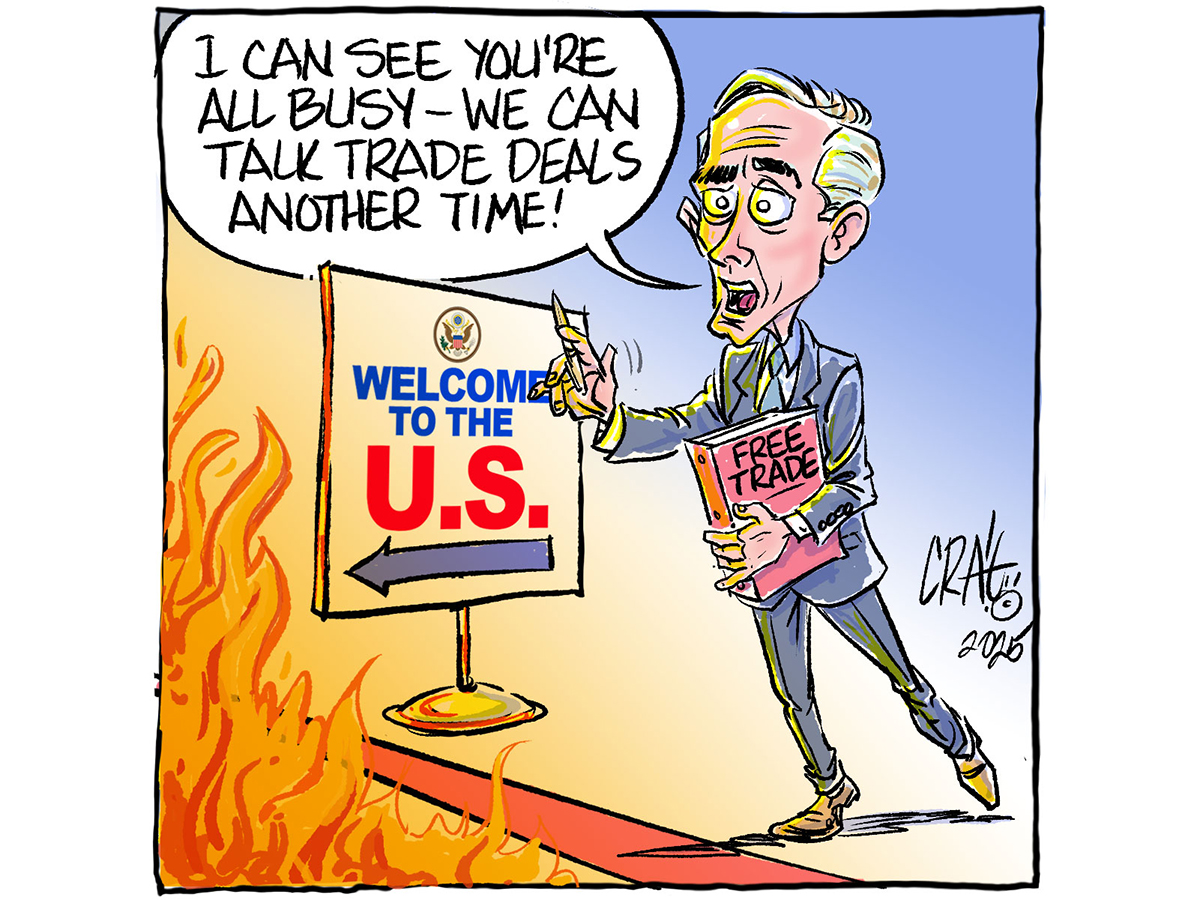An editorial cartoon depicting Canadian Prime Minister Mark Carney, standing at a red line representing the Canada U.S. border, flames visible on the U.S. side of the border, and Carney is saying, "I can see you