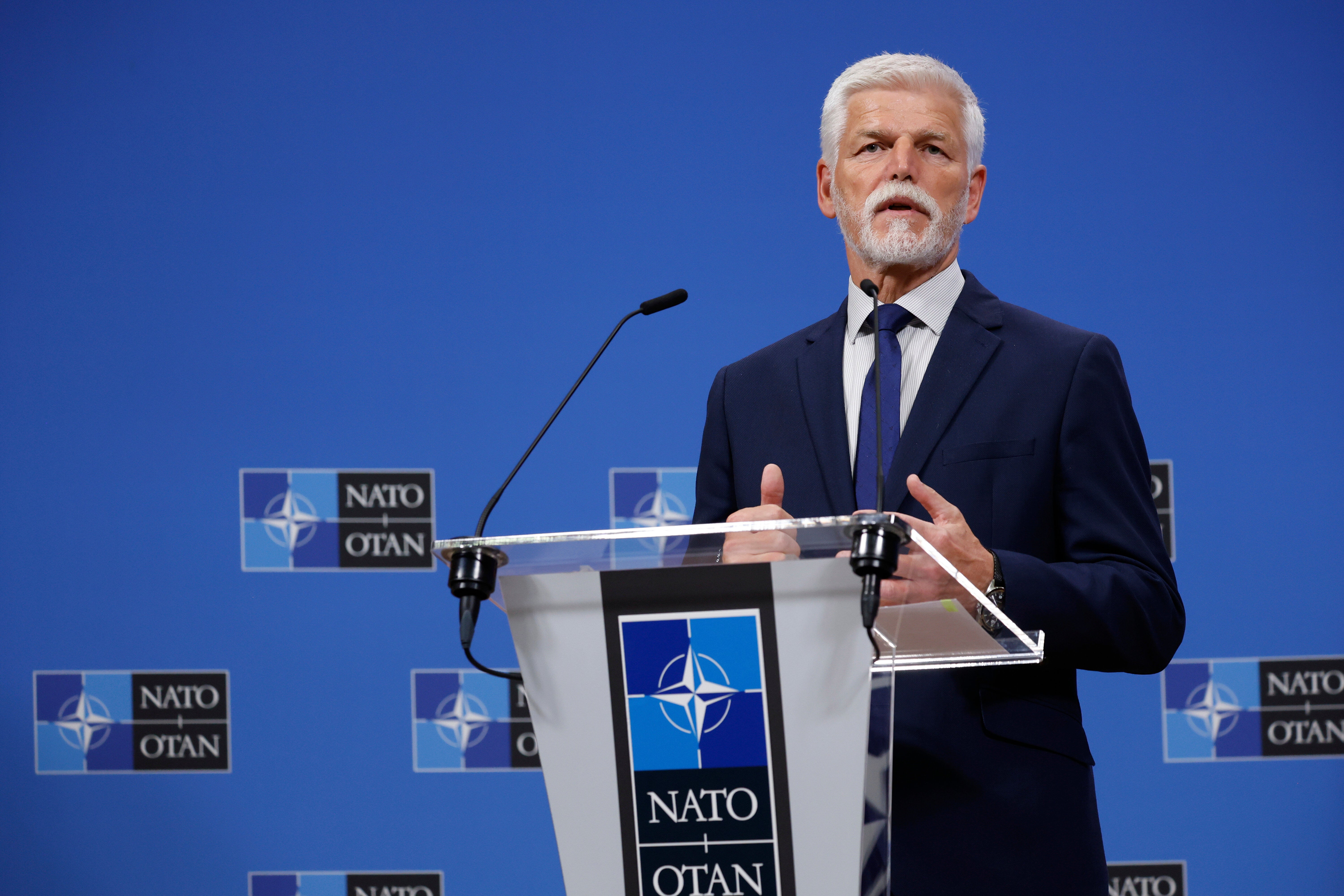 File: Petr Pavel addresses a media conference at Nato’s headquarters in Brussels in May 2025