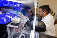 Post doctorate Shubham Patel assembles a lithium oxygen battery in the Nanomaterials and...