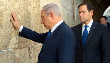 Benjamin Netanyahu and Marco Rubio at the Western Wall in Jerusalem. Image obtained using Artificial Intelligence.