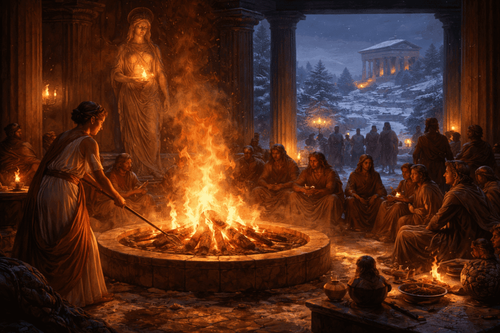 Ancient Greeks gathered around a central hearth fire, its warm light contrasting with a dark winter landscape beyond.