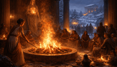 Ancient Greeks gathered around a central hearth fire, its warm light contrasting with a dark winter landscape beyond.