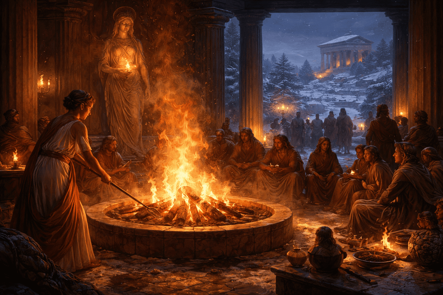 Ancient Greeks gathered around a central hearth fire, its warm light contrasting with a dark winter landscape beyond.