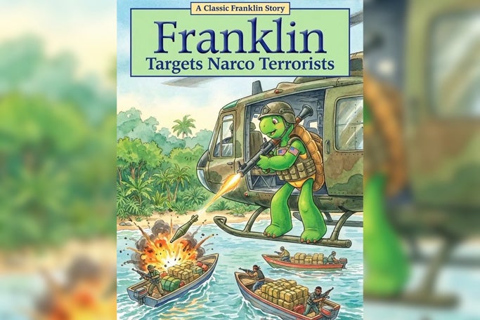 Defense Secretary Pete Hegseth posted an AI-generated children’s book cover showing Franklin the Turtle firing on drug-carrying boats as he faces allegations that the U.S. military’s campaign against drug traffickers has committed extrajudicial murder and war crimes that target survivors