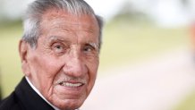 Veterans Charles Shay, 96, attends the official opening ceremony of the British Normandy Memorial at Ver-sur-Mer, on the 77th anniversary of D-Day,  on June 6, 2021. (Photo by STEPHANE MAHE / POOL / AFP) (Photo by STEPHANE MAHE/POOL/AFP via Getty Images)