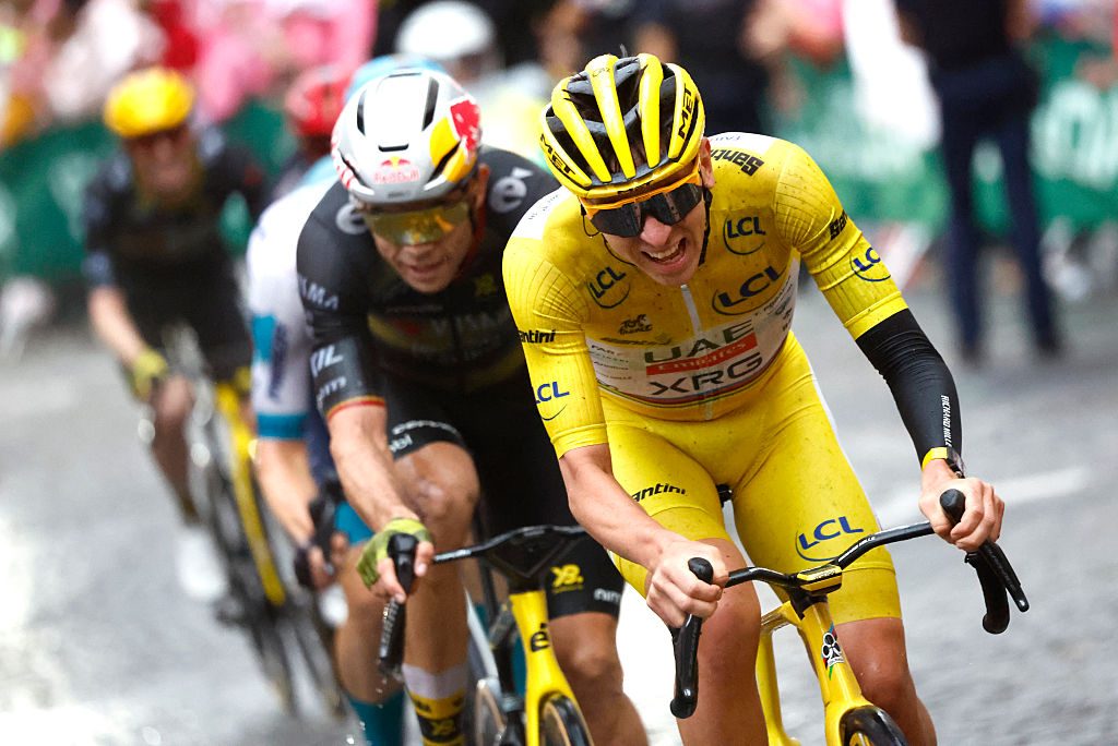 PARIS - CHAMPS-ELYSEES, FRANCE - JULY 27: Tadej Pogacar of Slovenia and UAE Team Emirates - XRG - Yellow leader jersey competes in the breakaway during the 112th Tour de France 2025, Stage 21 a 132.3km stage from Mantes-la-Ville to Paris - Champs-Elysees / #UCIWT / on July 27, 2025 in Paris - Champs-Elysees, France. (Photo by Etienne Garnier - Pool/Getty Images)