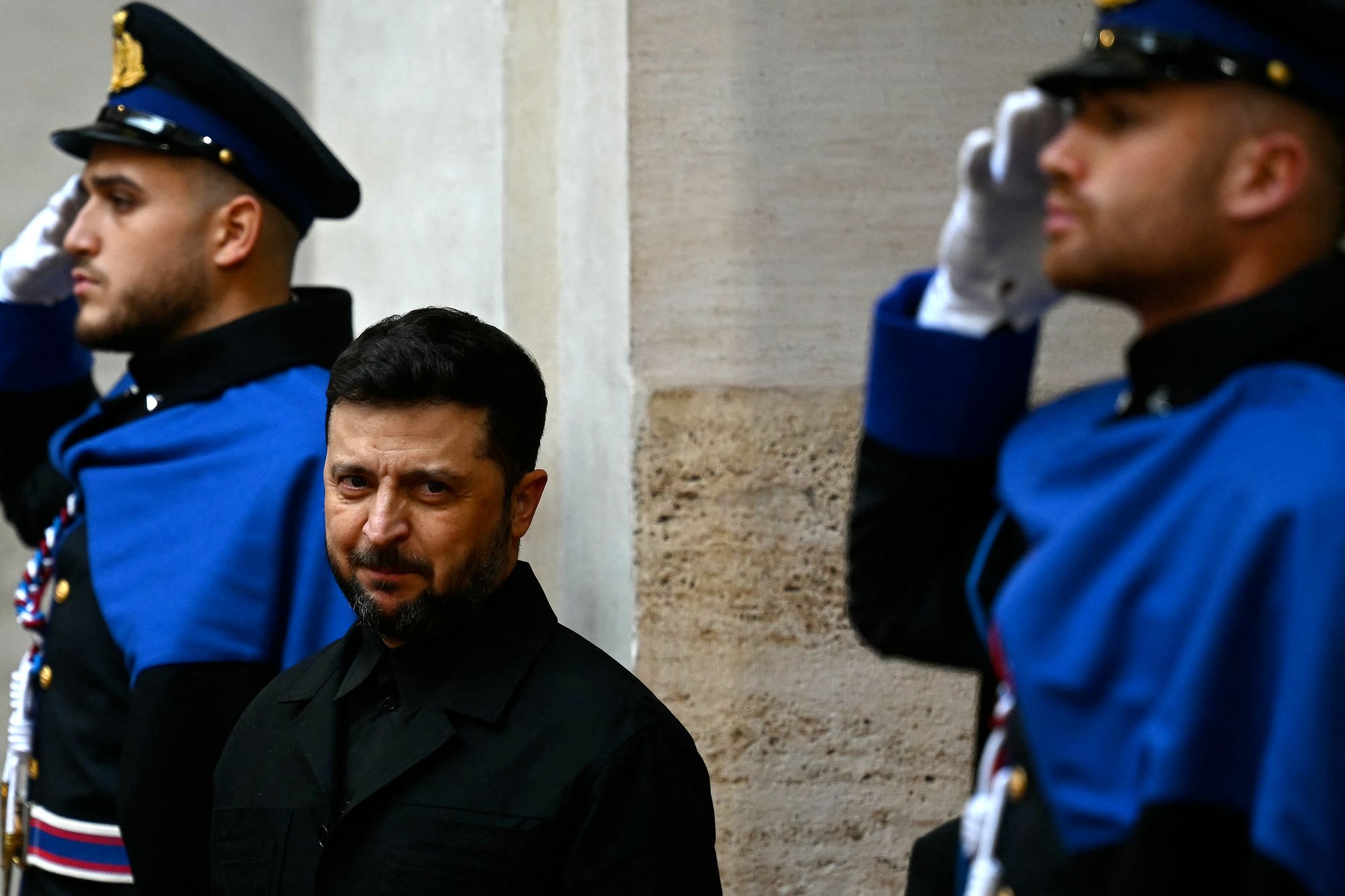 Ukraine's president Volodymyr Zelensky arrives at Palazzo Chigi prior a meeting with Italy's prime minister, Giorgia Meloni, in Rome on 9 December 2025