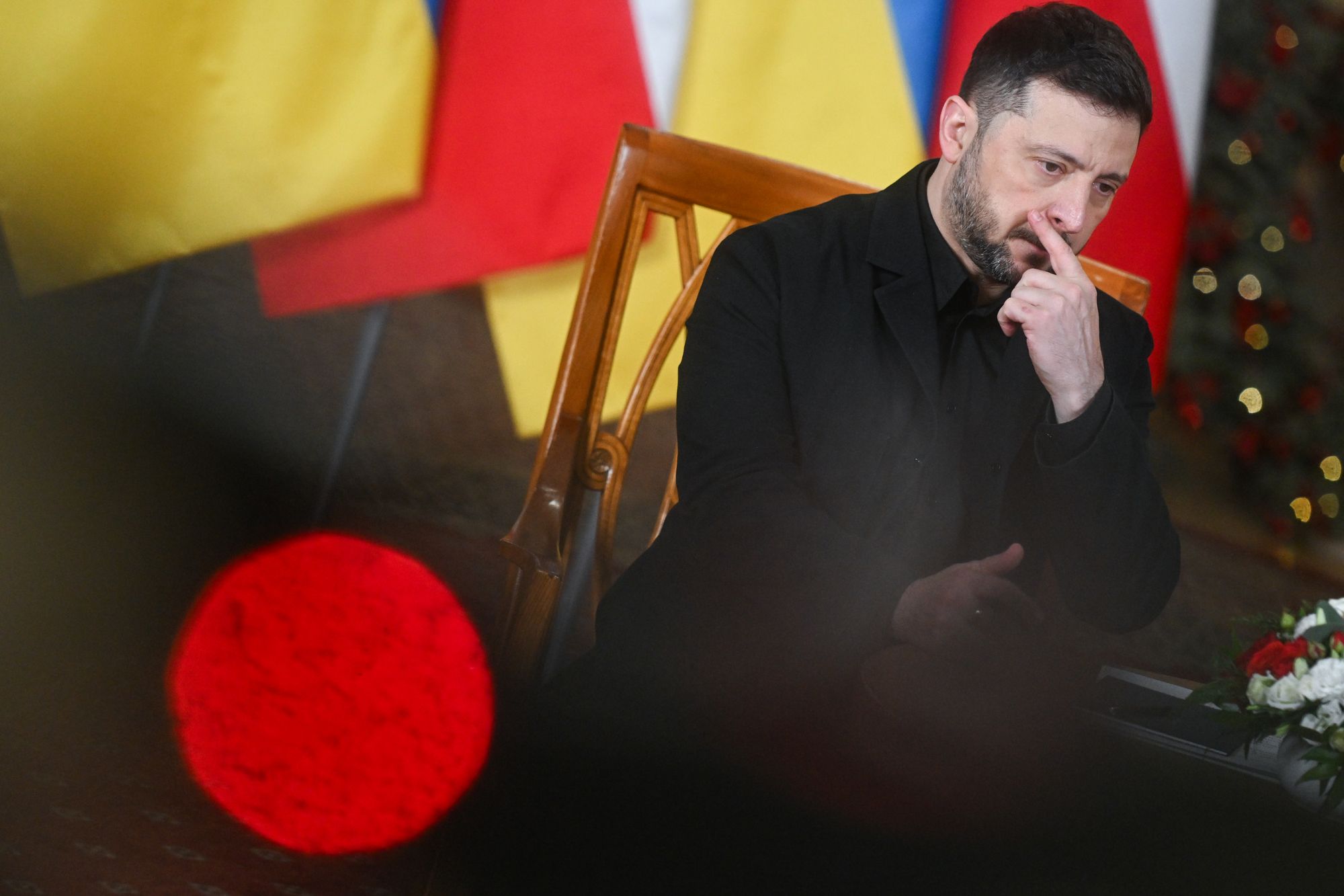 Ukrainian president Volodymyr Zelensky at a meeting with Polish PM Donald Tusk during a welcome at the Prime Minister's Chancellery in Warsaw