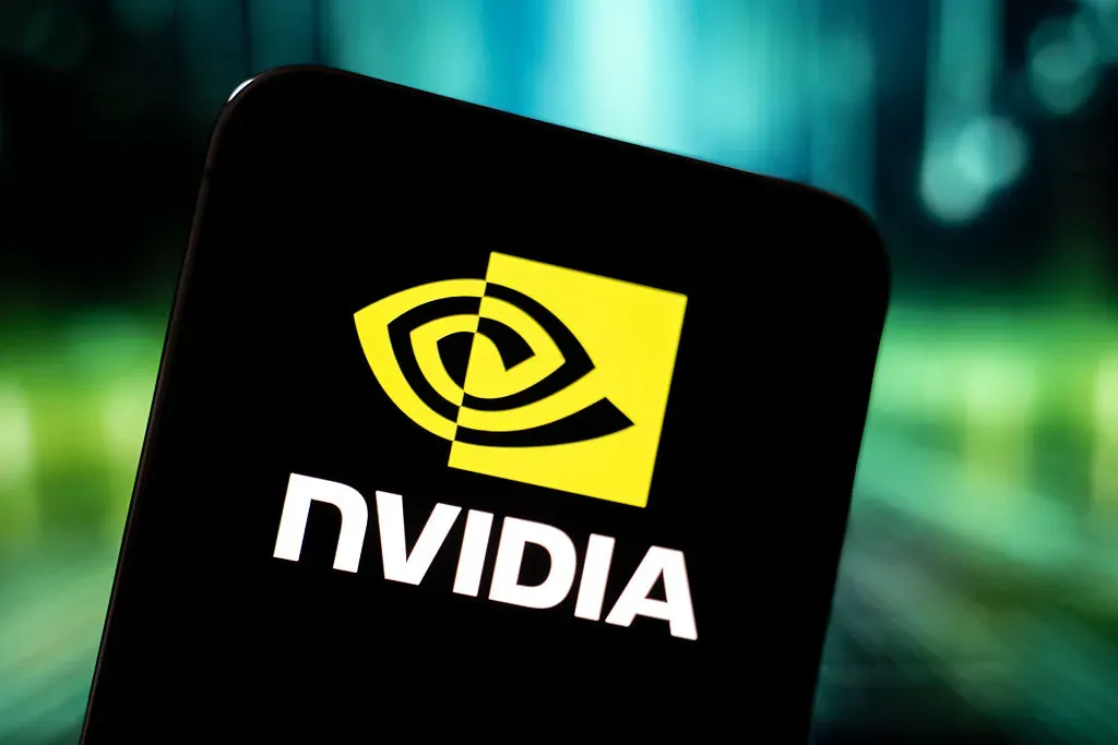 In Creteil, France, on September 23, 2025, the Nvidia logo appears on a smartphone.