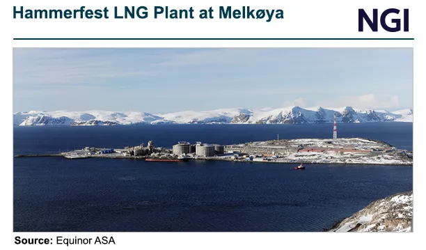 Aerial view of the Hammerfest LNG plant at Melkøya, Norway, showing liquefaction facilities, storage tanks, and port infrastructure along the Arctic coastline, with snow-covered mountains in the background.