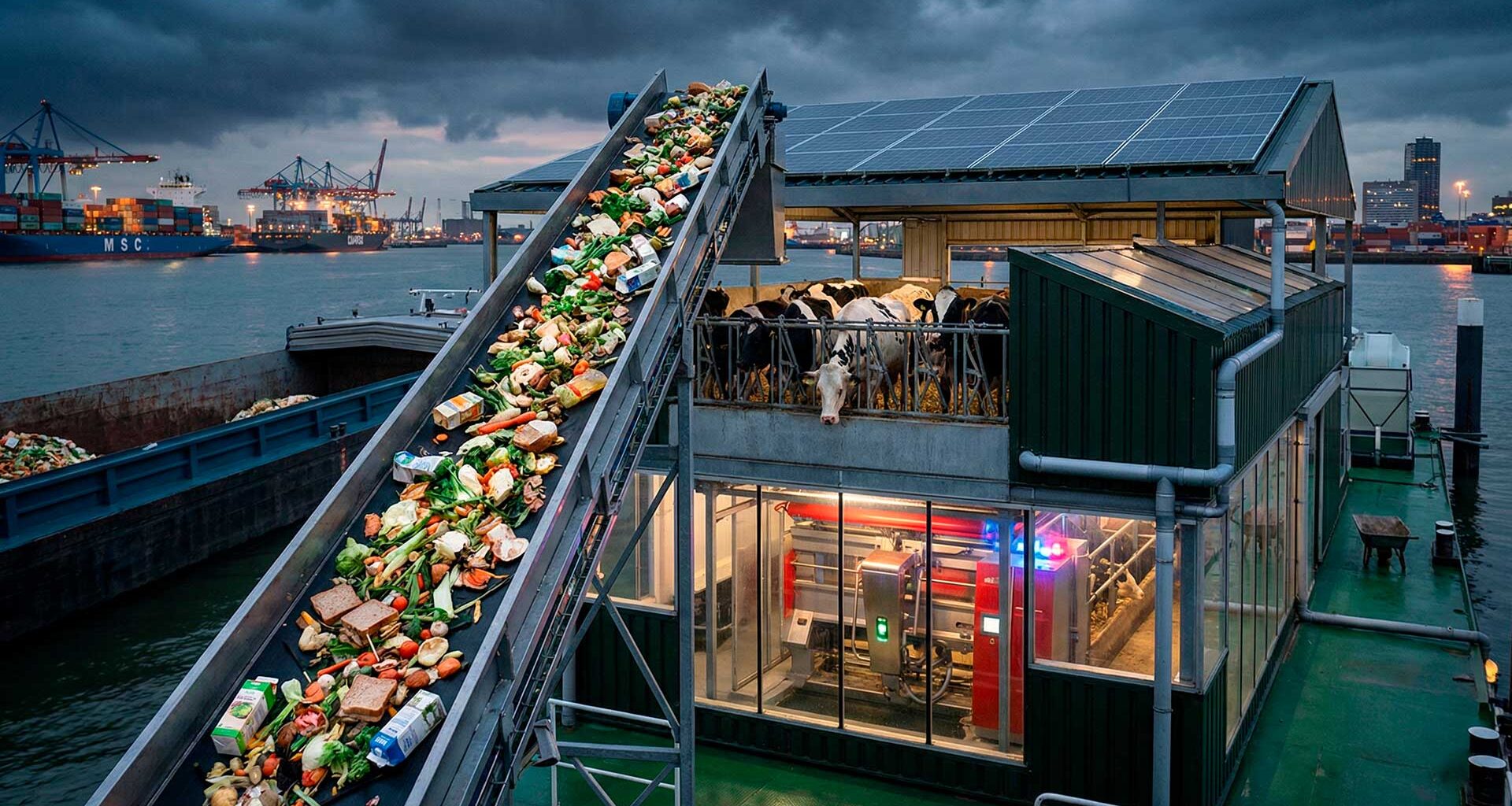The Netherlands has built a floating farm that produces milk in the port of Rotterdam, reusing city waste and maintaining operations with solar energy and rainwater.