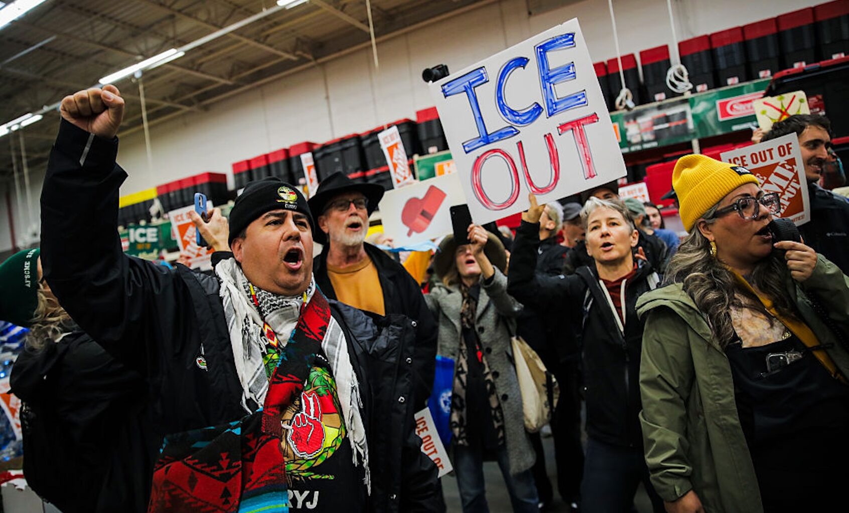 An "ICE out of Home Depot" protest in Oakland, California, on Saturday, Dec. 20, 2025. (Yalonda M. James/San Francisco Chronicle via Getty Images)