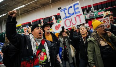 An "ICE out of Home Depot" protest in Oakland, California, on Saturday, Dec. 20, 2025. (Yalonda M. James/San Francisco Chronicle via Getty Images)