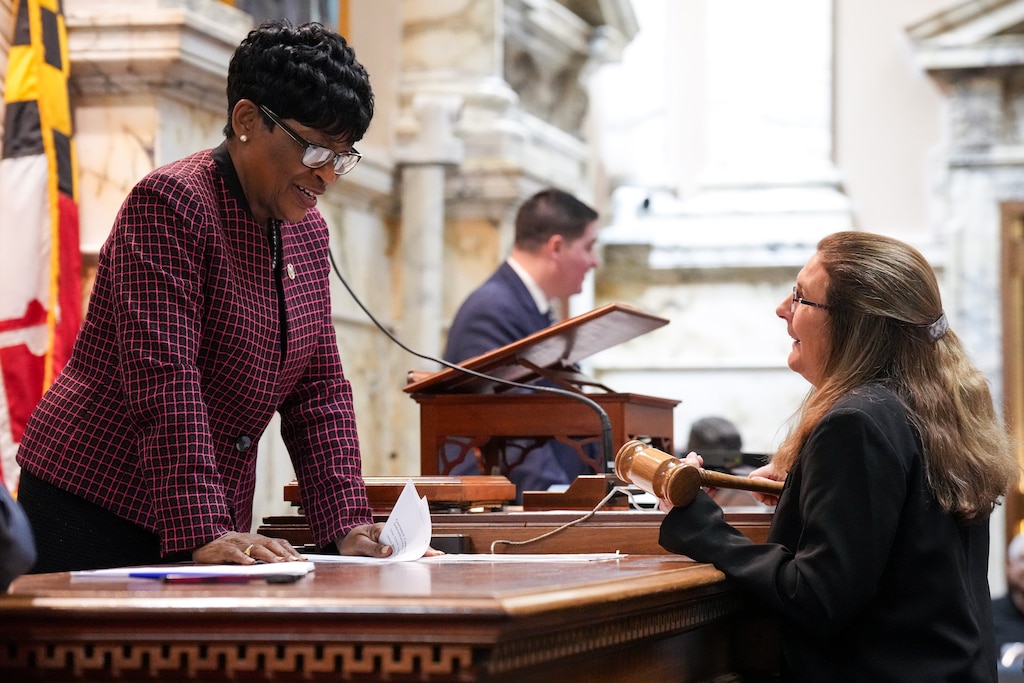 Speaker of the Maryland House of Delegates Adrienne A. Jones, left, laughs with Chief Clerk Sylvia Siegert in the House chamber at the Maryland State House in Annapolis on January 10, 2024. The 90-day General Assembly session convenes at noon Wednesday and will adjourn on Monday, April 8.