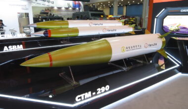 Full-scale models of the CTM-MR, CTM-ASBM and CTM-290 rockets. Photo by Mztourist, shared under the CC BY 4.0 licence.