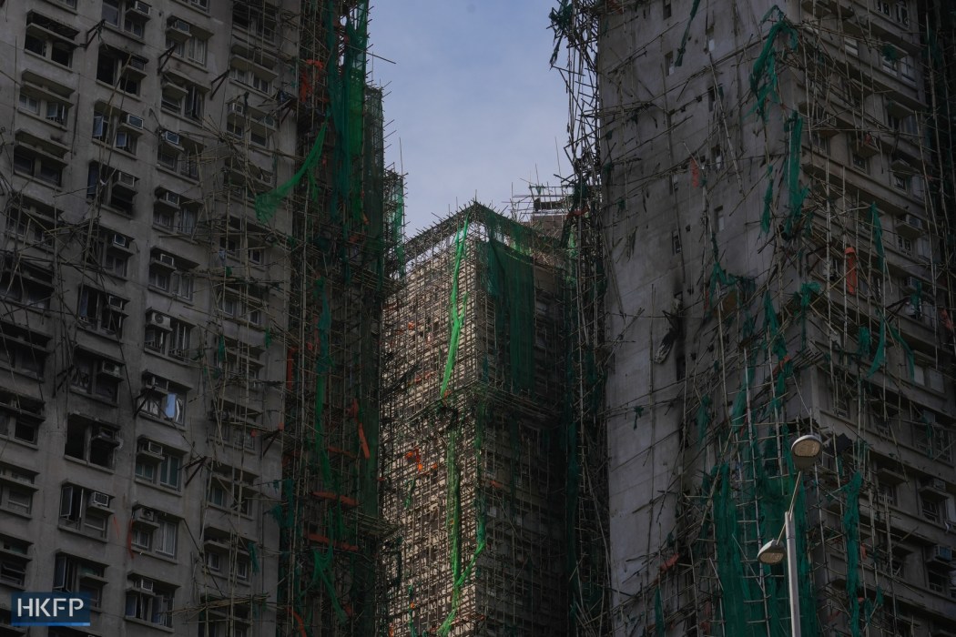 Wang Fuk Court in Tai Po on November 28, 2025, two days after a deadly fire set seven out of eight buildings in the housing estate ablaze. Photo: Kyle Lam/HKFP.