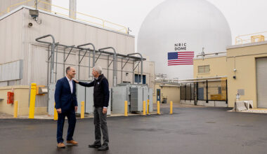 U.S. Department of Energy Secretary Chris Wright talking with Idaho National Labooratory John Wagner outside of the Demonstration of Microreactor Experiments Monday morning.