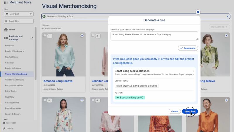 A user enters a prompt to boost long sleeve blouses in the women's tops category within Salesforce's merchandising agent.