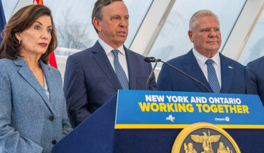 From left, New York Gov. Kathy Hochul, New York Power Authority President Justin Driscoll and Ontario Premier Doug Ford discuss a new memorandum of understanding on nuclear power development.