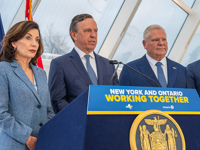 From left, New York Gov. Kathy Hochul, New York Power Authority President Justin Driscoll and Ontario Premier Doug Ford discuss a new memorandum of understanding on nuclear power development. From left, New York Gov. Kathy Hochul, New York Power Authority President Justin Driscoll and Ontario Premier Doug Ford discuss a new memorandum of understanding on nuclear power development.