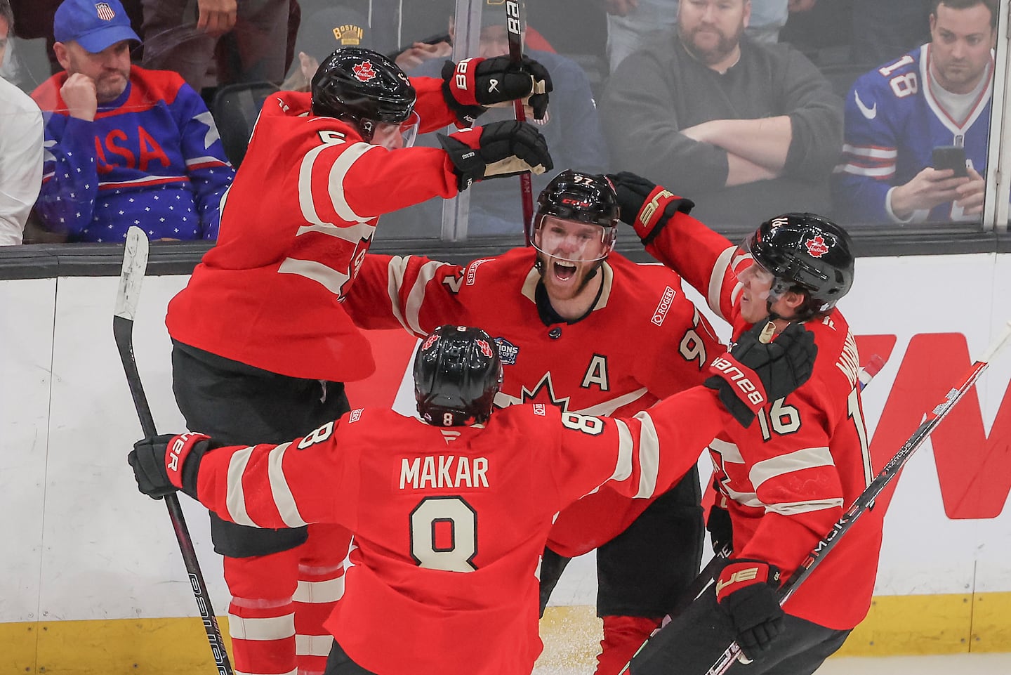 Connor McDavid — center, with, from left, Devon Toews, Cale Makar, and Mitch Marner — are hoping for a similar victorious result as the one they earned in the 4 Nations Face-Off.