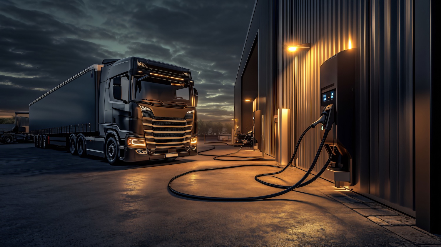 Lkw lädt seine Akkus an der Ladesäule wieder auf.