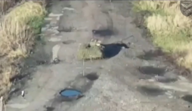 Drone footage of a Russian "Courier" UGV transporting ammunition getting hit by a Ukrainian FPV quad. Sumy Oblast.