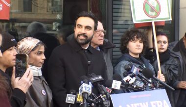 Mayor-elect Zohran Mamdani and Vermont U.S. Sen. Bernie Sanders joined protesters outside a Park Slope Starbucks alleging unfair labor standards. (Spectrum News NY1)