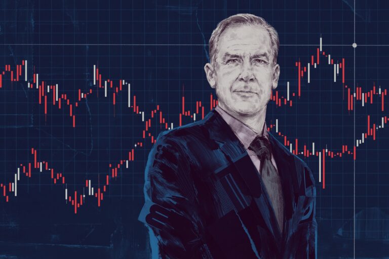 A sketch-style illustration of Mark Carney in a dark suite against a backrop of a stock or financial-data chart. The red line on the chart forms a maple leaf on the right side of Carney.
