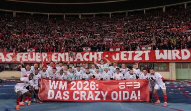 Austria World Cup 2026 squad: Austria players celebrate in front of the fans after qualifying for the 2026 World Cup after victory in the FIFA World Cup 2026 qualifier match between Austria and Bosnia and Herzegovina at on November 18, 2025 in Vienna, Austria.