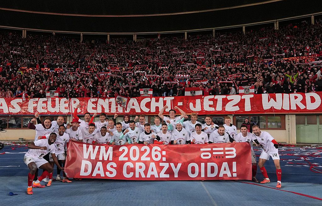 Austria World Cup 2026 squad: Austria players celebrate in front of the fans after qualifying for the 2026 World Cup after victory in the FIFA World Cup 2026 qualifier match between Austria and Bosnia and Herzegovina at on November 18, 2025 in Vienna, Austria.
