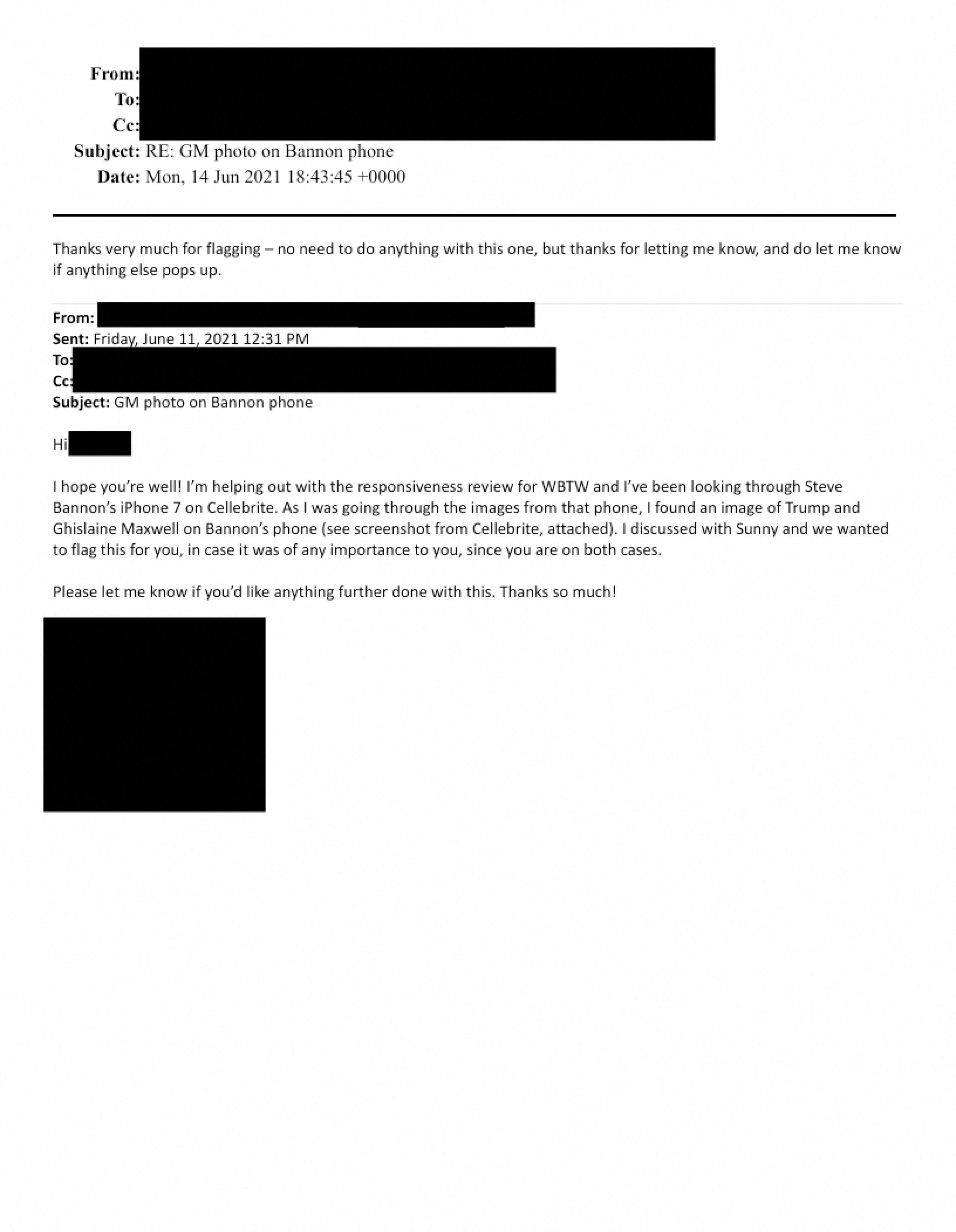 An email discussing a purported photo of Jeffrey Epstein and Donald Trump on Steve Bannon's phone is shown in this image released by the Department of Justice