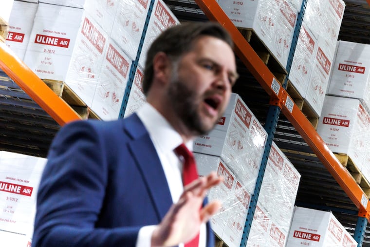 Vice President JD Vance delivers remarks at Uline Inc. just outside Allentown Tuesday.