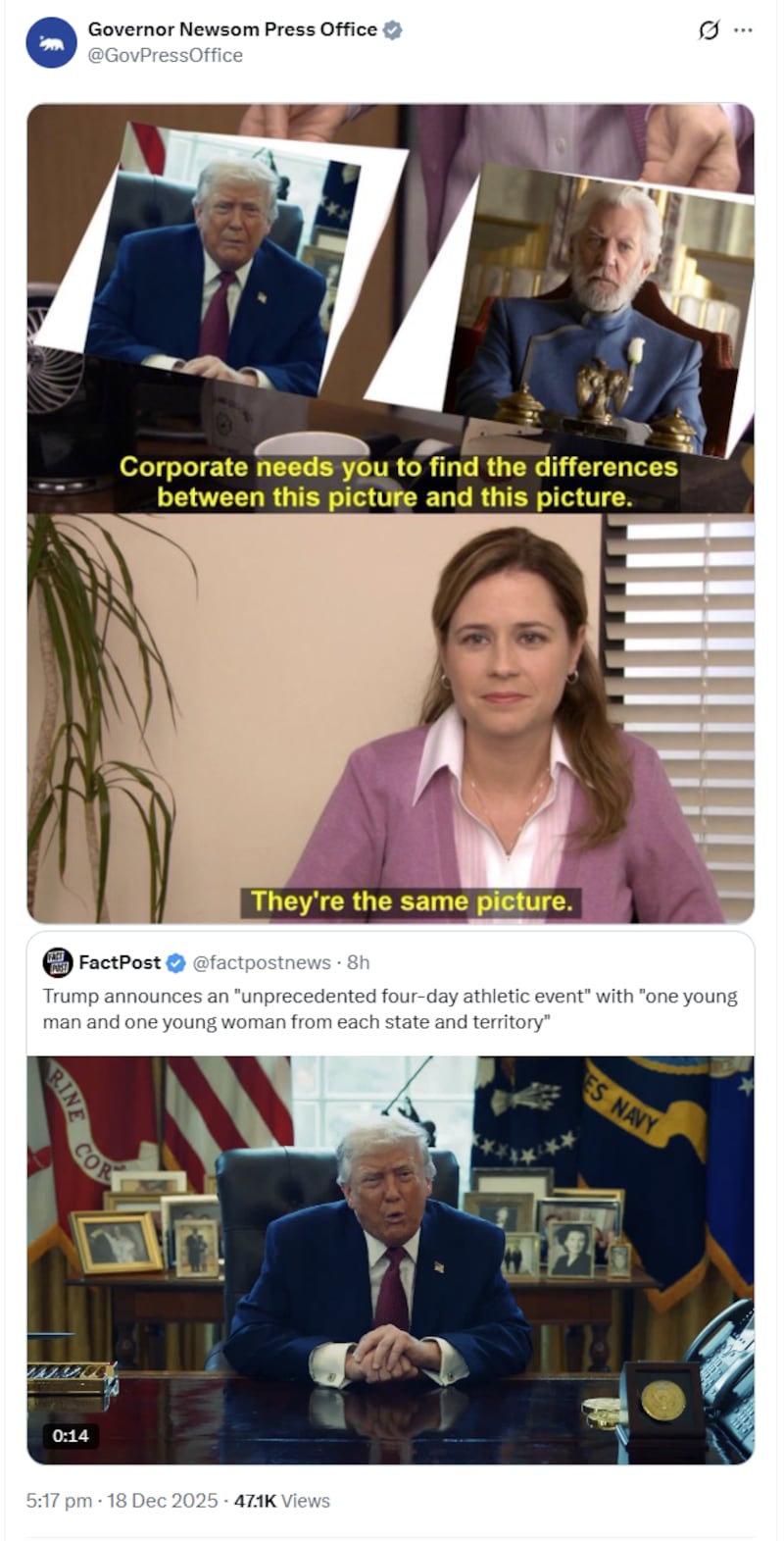 Newsom's press office also trolled Trump's Patriot Games.