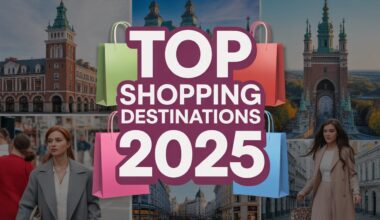 A collage of shopping destinations featuring iconic landmarks from poland, spain, and canada, with clothing and fashion items layered over the background. Include the text 'top shopping destinations 2025' with vibrant colors and shopping bags. "