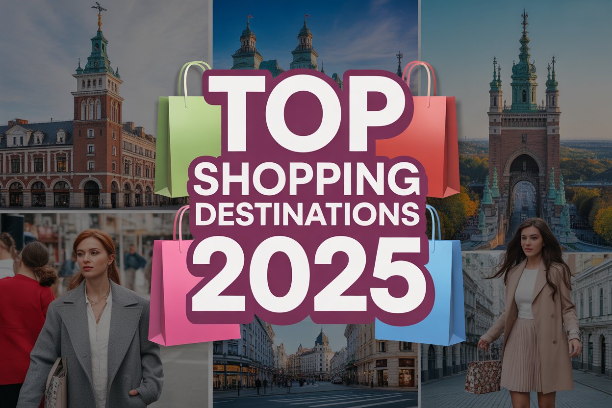 A collage of shopping destinations featuring iconic landmarks from poland, spain, and canada, with clothing and fashion items layered over the background. Include the text 'top shopping destinations 2025' with vibrant colors and shopping bags. "