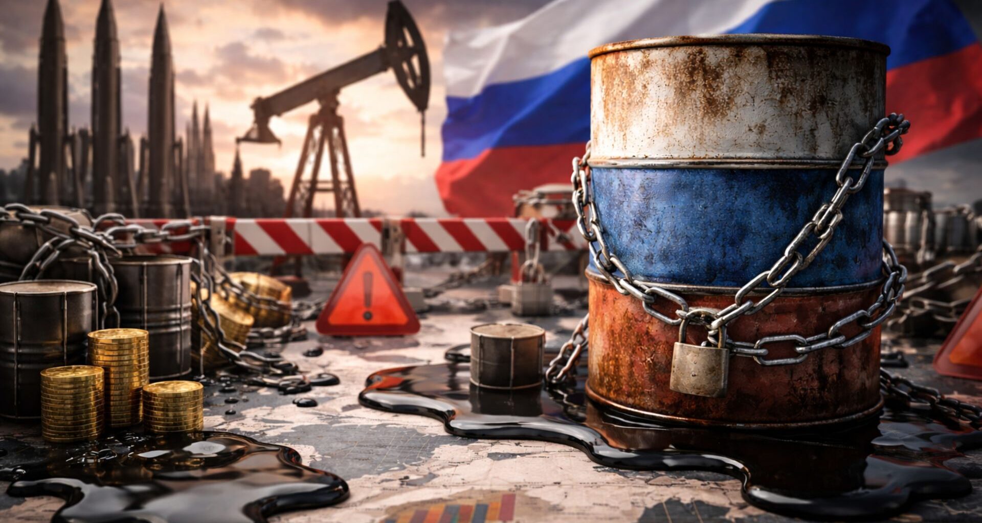 A barrel of oil bearing the colors of the Russian flag, chained together, symbolizes European Union economic sanctions and restrictions on maritime oil exports.