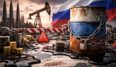 A barrel of oil bearing the colors of the Russian flag, chained together, symbolizes European Union economic sanctions and restrictions on maritime oil exports.