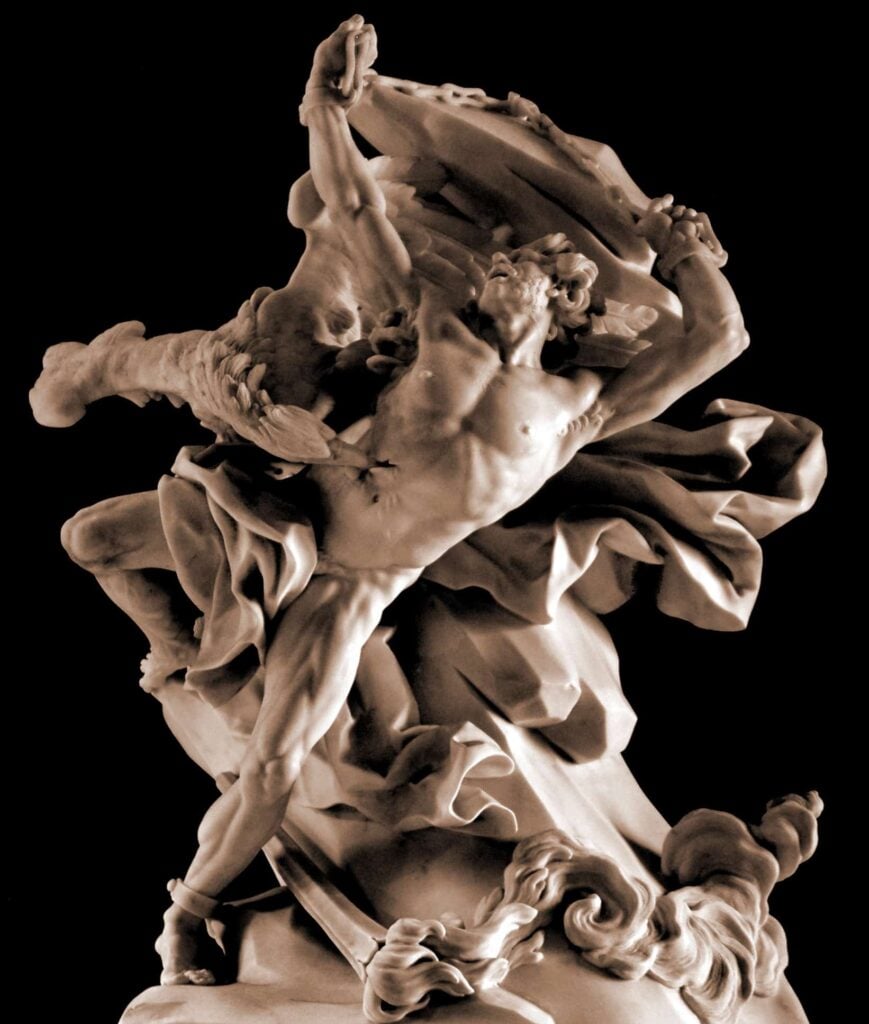 Prometheus Chained, with his liver being eaten by the eagle.