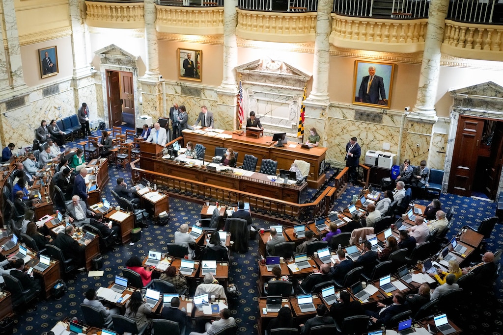House Speaker Adrienne A. Jones conducts business from the podium at the Maryland State House on Sine Die in Annapolis, Md. on Monday, April 7, 2025.