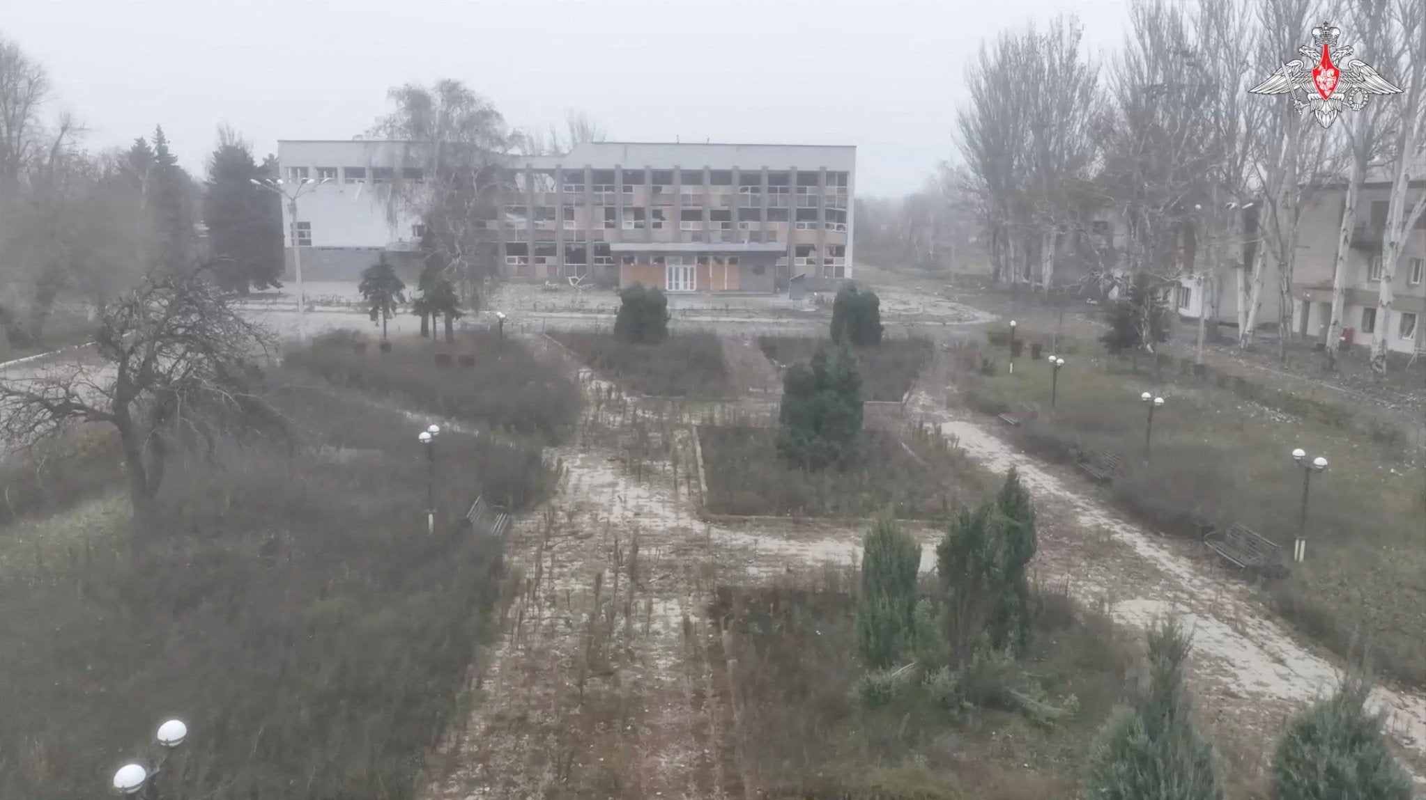 A drone view shows a heavily damaged building in Pokrovsk in a video by the Russian defence ministry claiming to have captured the area