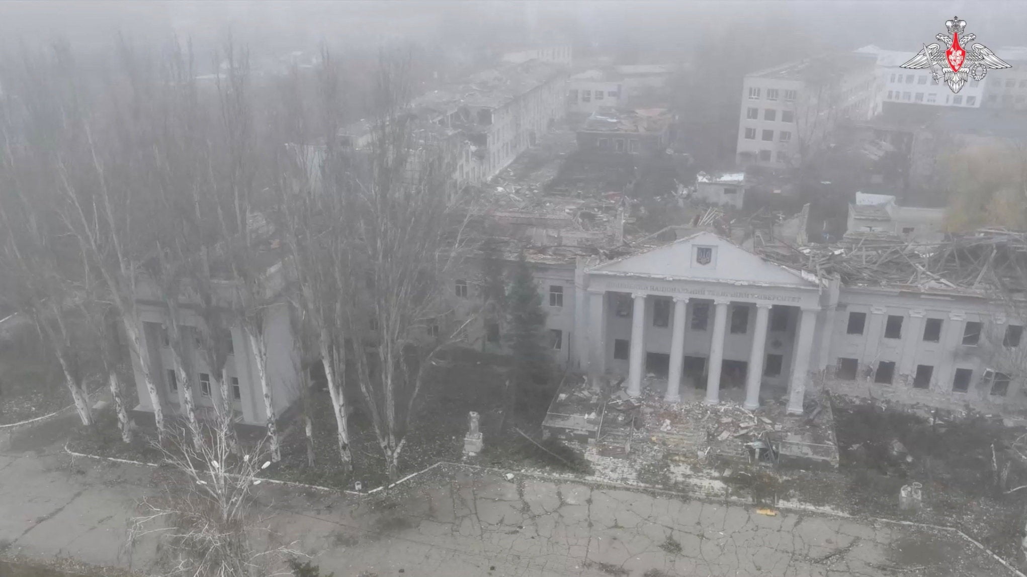 A drone view shows a heavily damaged building in Pokrovsk