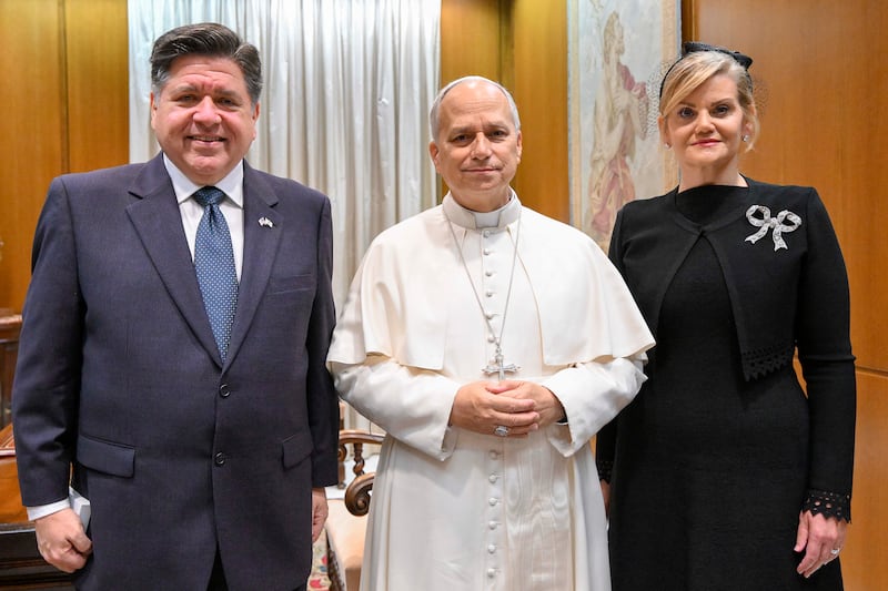 Pope Leo XIV poses with governor of Illinois, JB Pritzker and first Lady Mary Kathryn Muenster during an audience at the Apostolic Palace on November 19, 2025 in Vatican City, Vatican.