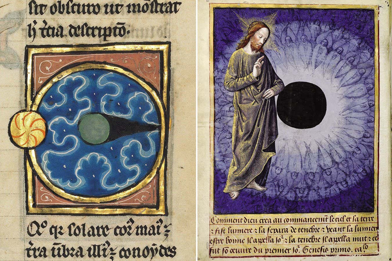 LEFT: (cropped image) Two Diagrams with the Sun and the Moon; De Natura Avium; De Pastoribus et Ovibus; Bestiarium; Mirabilia Mundi; Philosophia Mundi; On the Soul, 1277 or after. Additional info: A bestiary is a collection of stories about animals, birds, fish, plants, and even stones, whose properties were interpreted as reflections of the divine order of God. During the 1200s, curiosity about the natural world was so prevalent that the illustrated bestiary reached the height of its popularity. In addition to the main text of the bestiary, this manuscript contains five other studies of the natural world: treatis - Image ID: 2YJW17X (RM) RIGHT: Dieu cr?ateur de la terre, Heures de Louis de Laval Credit: Biblioth?que nationale de France