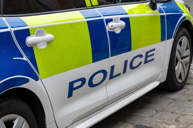 Close up of a United Kingdom police patrol response car with Battenberg markings.