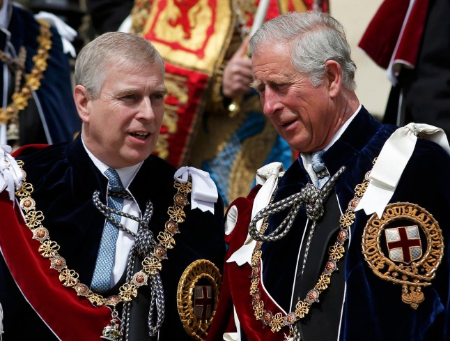WINDSOR, ENGLAND - JUNE 15: Prince Andrew, Duke of York and Prince Charles, Prince of Wales attend the Order of the Garter Service at St George's Chapel in Windsor Castle on June 15, 2015 in Windsor, England. The Order of the Garter is the most senior and the oldest British Order of Chivalry and was founded by Edward III in 1348. (Photo by Peter Nicholls - WPA Pool /Getty Images)